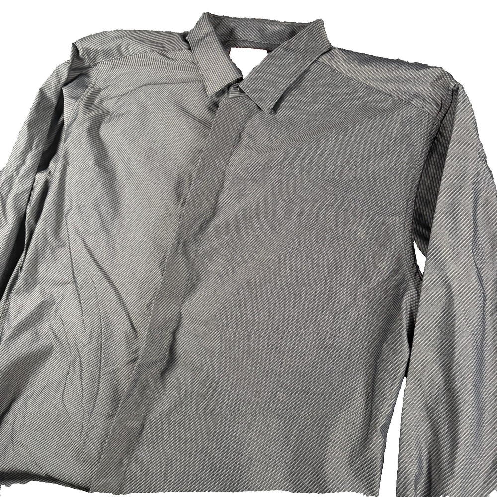 Alfani Dress Shirt Men XL-17 34/35 Gray Striped Cotton Fitted Performance Formal